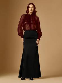 Women's Elegant Sexy Sheer Mesh Tie Neck Blouse - Red - View 7