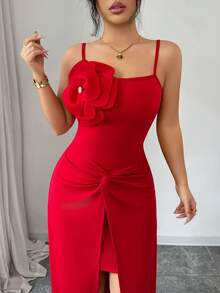 Rafferiza Women's Elegant Red Summer Banquet Dress,Halter Neck Fitted Waist With 3D Floral Embellishments,Midi Curve Party Dress For Bridesmaid,Guest & Date - Red - View 2