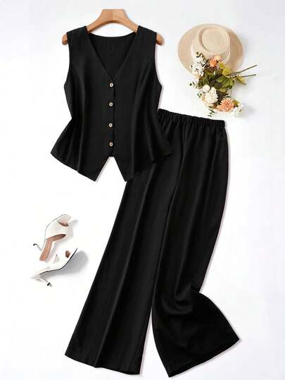 Zelara Plus Size Casual Solid Color Tank Top And Pants 2 Pieces Set,Plus-Size Summer Casual Commuter Suits, Textured Striped Fabric Vest And Pants Two-Piece Set, Elegant And Fashionable Women'S Summer Office Suits, Affluent Women'S Summer Suits, Black Office Suits, Summer Clothing, Summer Vacation Suits, Spring Women'S Clothing, Spring Break Suits, Spring Clothing,  Suits,  Women'S Clothing,  Outfits,  Suits, Women'S Summer Suits Two Pieces Set Women Elegant 2 Pieces Sets Woman Classy Women Summer 2 Pieces Sets Pant Suit Summer Sets Formal Two Pieces Set Jumpsuits For Woman Wide Leg Women's Jumpsuit Casual Jumpsuits For Woman Plus Size Denim Jumpsuit Jean Jumpsuit For Women