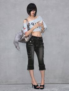 ROMWE Avant 女士复古机车风性感超低腰工装七分紧身牛仔裤 - 黑色 - 查看 2