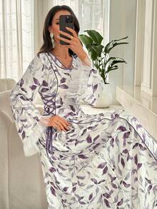 SHEIN Najma Đầm dài tay kiểu Ả Rập thanh lịch, phối màu tương phản, chất liệu ruy băng và lưới, thắt eo, dành cho nữ. - Màu tím - Xem 3