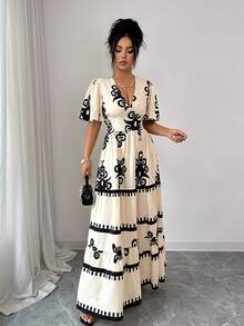 SHEIN Elenzya Đầm nữ dáng tiêu chuẩn, hở lưng, in họa tiết, kiểu dáng thanh lịch, thích hợp cho kỳ nghỉ. - Màu be - Xem 5