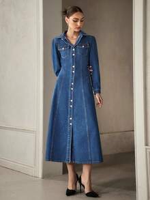 Selenza Women's Fashion Front Button Denim Dress, Suitable For Commuting - Dark Wash - View 3