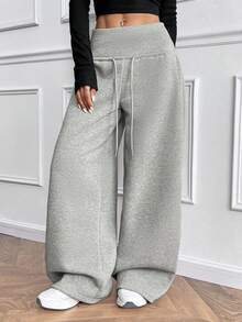 SHEIN PETITE Pantalones de chándal de punto gris con cordón en la cintura y ajuste holgado, adecuados para ceremonia de graduación, atuendo de vuelta al colegio, uniforme de maestro, otoño