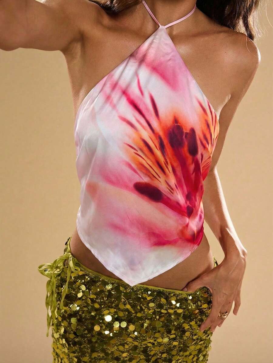 SHEIN BAE Women's Floral Print Asymmetric Hem Halter Neck Vacation Top - Baby Pink - View 1
