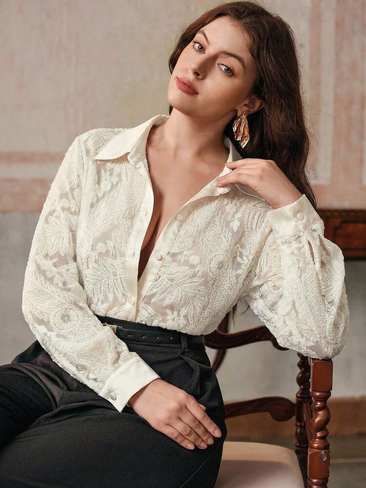 Plus Size Women Velvet Burnout Design Loose Retro Casual Shirt, Suitable For Autumn, Fall, Winter, Going Out, Elegant, Formal, Chic, New Year, Christmas, Graduation, Wedding, Business, Casual
