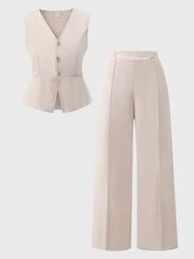 Teen Girl's Spring/Summer Elegant Commute School Formal Open-Front Sleeveless Suit Top + Loose Straight-Leg Trousers Woven Solid Color Suit