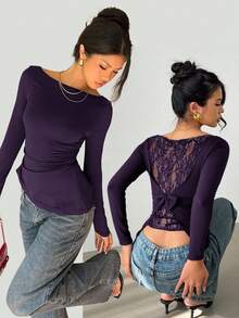 Siren Gaze Women's Lace Patchwork Back Bowknot Slim Fit Long Sleeve Top - Purple - View 9