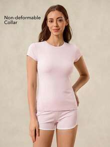 OutZeal 女士健身运动T恤 粉色 日常休闲 凉爽触感 V领 紧身运动上衣 - 粉色 - 查看 4