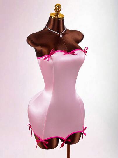 Amplova Women's Contrast Trim Bow Decor Fitted Bandeau Mini Dress Bow-Knot Heart-Shaped Tight-Fitting Bodycon Sleeveless Color-Blocked Mini Mini Skirt For Birthday Parties Summer Dresses For Women Elegant Dresses For Party Casual Outfits For Women