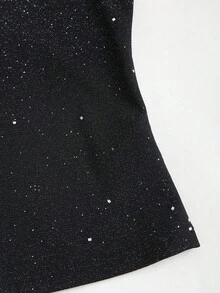 Sweetra Petite Débardeur à col carré avec décoration de sequins argentés brillants, coupe slim et style décontracté. Élégant pour les femmes de petite taille, idéal pour le printemps et l'été - Noir - Voir 5