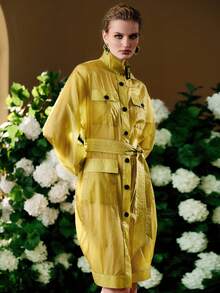SHEIN Revavyn Women's Lightweight Trench Coat/Dress Made Of Glossy Nylon Fabric, Featuring A Stand-Up Collar, Wide Shoulders, Long Sleeves, A Full Row Of Buttons, And Cargo Pockets. Ideal For Everyday Wear And Commuting Valentine Outfits For Women Valentine's Day Vacation Outfits Women  Holiday Outfits For Women Casual Dresses For Women - Green - View 5