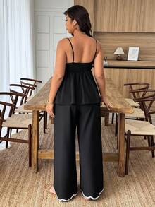 Weeklong 大码女式两件套波浪心形丝带撞色仿亚麻腰部休闲通勤套装，春夏款 - 黑色 - 查看 2