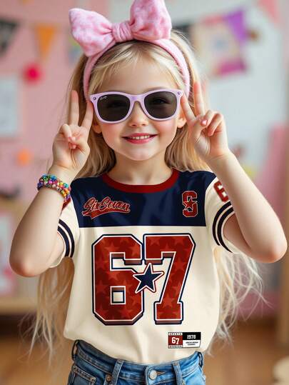 SHEIN Young Girl Casual Simple Short Sleeve Round Neck T-Shirt, Suitable For Spring/Summer Daily Wear, Outings, Street Photography, Classic Slang #67, Classic Cool Sports Element Graphic Print, Six-Seven, POV