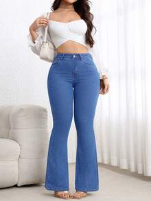 SHEIN CURVE+ Plus Size Women Blue Denim Elastic Sexy Fitted Flare Pants, Cowgirl/Rodeo - Medium Wash - View 7