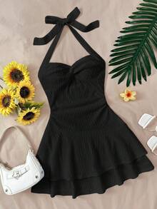 SHEIN Teen Girls Dresses Backless Black Mini Dress With Tie/Ruffled Hem And Double Layer/ Suitable For Party/Date/Valentine's Day/Vacation Outfits /Vacation Dress/Beach Vacation Outfits Textured - Black - View 7