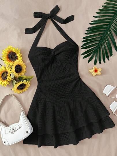 SHEIN Teen Girls Dresses Backless Black Mini Dress With Tie/Ruffled Hem And Double Layer/ Suitable For Party/Date/Valentine's Day/Vacation Outfits /Vacation Dress/Beach Vacation Outfits Textured