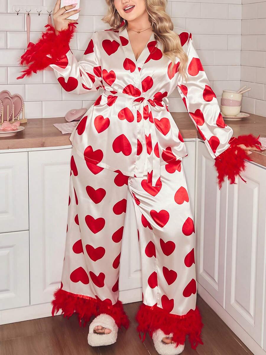 SweetSlumber 情人节爱心羽毛缎带系带睡衣套装，浪漫法式优雅成熟魅力长袖加大码睡衣套装，爱心睡衣套装，女士睡袍，爱心睡衣，女士睡衣套装，羽毛睡衣，单身派对睡衣套装，两件套情人节睡衣 - 紅白色 - 查看 1