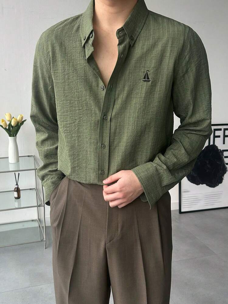 Slim Fit Embroidered Pattern Military Green Casual Shirt For Men, Spring/Autumn Long Sleeve Tops