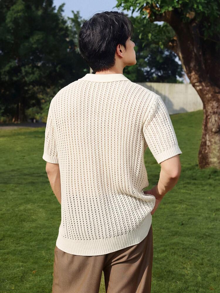 Men's Solid Color Polo Collar Short Sleeve Knit Top, Summer