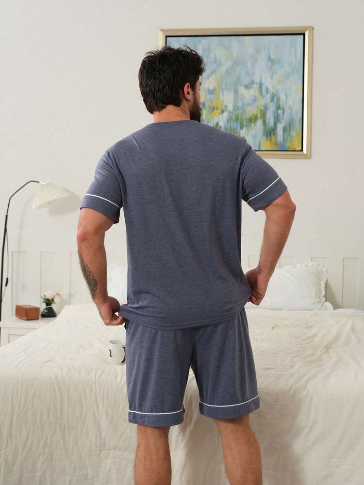 Men's Solid Color T-Shirt And Shorts Pajama Set, Summer