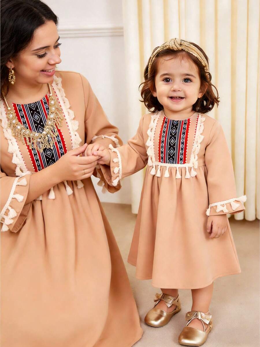 Baby Girl Casual Vacation Striped Retro Print Flare Sleeve Patchwork Tassel Hem Dress, Khaki - Khaki - View 1