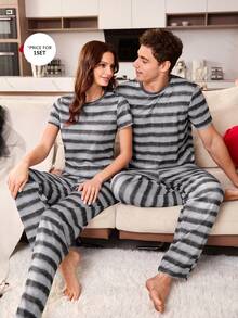 SHEIN Men's Casual Striped Print Round Neck Short Sleeve Pajama Set - Multicolor - View 7