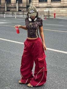 Coolane Women's Summer Streetwear Sport Basic Flap Pocket Side Drawstring Waist Parachute Grey Cargo Red Pants - Burgundy - View 2