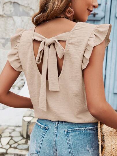 SHEIN Frenchy Women's Summer Vacation Solid Colored Back Cross Strap Ruffle Trim Blouse