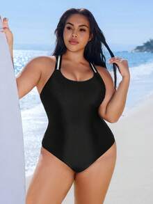 Swim SPRTY Plus Size Women's Solid Color Sports Style One-Piece Swimsuit - Black - View 6