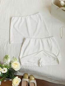 SHEIN EZwear 2件套女士针织短裤带内衬迷你裙裤套装 - 白色 - 查看 7