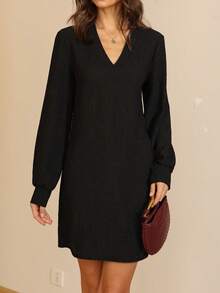 Lymera Autumn/Winter New Fashion Elegant Versatile Bestselling Dress, V-Neck, Lantern Sleeves, Textured Black - Black - View 3