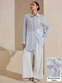 Graphic Print Loose Sweet French Chic Lightweight Semi-Sheer Long Sleeve Shirt - Blue - View 9