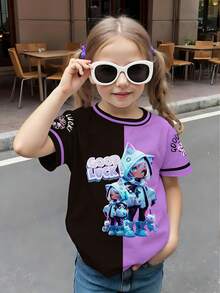 Young Girls' Casual Stylish Creative Personalized Refreshing Cute Simple Cartoon Kitten, Line, Floral, Black & Purple Graphic Print Basic Short T-Shirt, Comfortable Daily Wear, Cozy Summer & Fall Styles Suitable For Spring, Summer, Autumn Young Girls Shirt Anime Shirt For Kids Lilo And Stitch Clothes Kids - Multicolor - View 3