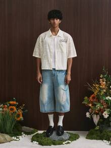 TOKVUE Áo sơ mi nam tay ngắn kiểu dáng casual, khoét lỗ, tương tự như áo sơ mi đi nghỉ mát. - Màu be - Xem 5