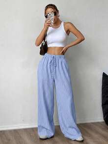 SHEIN PETITE CURVE Plus Size Striped Print Knotted Casual Loose Pants Fall - Baby Blue - View 4