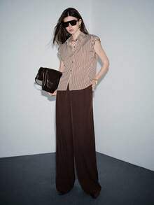 Lumivelle Women's Sleeveless Striped Shirt With Built-In Shoulder Pads, Retro Urban Chic Elegant Sleeveless Blouse Brown Shirt Women Striped Blouse Business Casual Tops Woman - Brown - View 4