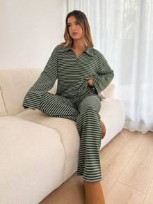 Siren Gaze Women's 2pcs Set Loose Striped V-Neck Drop Shoulder Long Sleeve T-Shirt &Elastic Waist Striped Pants, Winter Sweater Suit ,Autumn/Winter - Dark Green - View 7