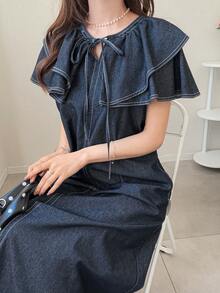 FRIFUL Women's Casual Knotted Collar Ruffle Hem Loose Denim Dress, Summer - Blue - View 1
