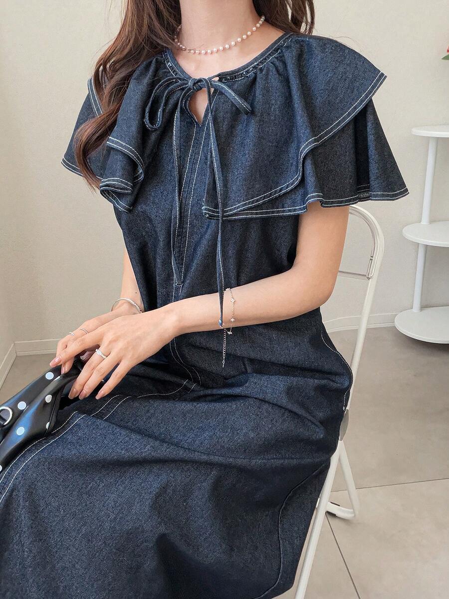 FRIFUL Women's Casual Knotted Collar Ruffle Hem Loose Denim Dress, Summer - Blue - View 1