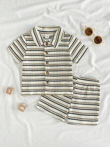 SHEIN Vintaside Kids 男女宝宝通用新生儿至1岁套装，杏色短袖上衣和短裤套装，质感面料，适合宝宝夏季外出穿着，为服装增添质感和品质 - 彩色 - 查看 1