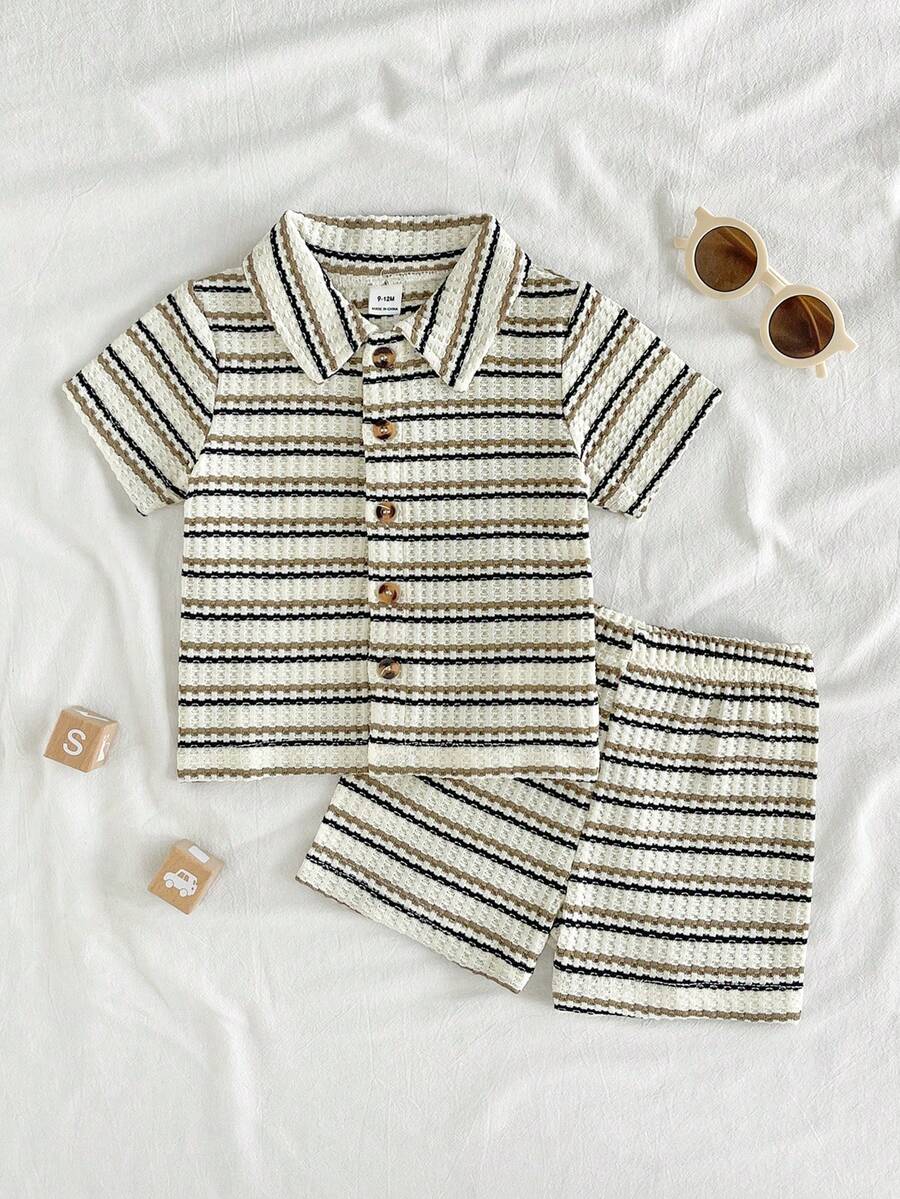 SHEIN Vintaside Kids 男女宝宝通用新生儿至1岁套装,杏色短袖上衣和短裤套装,质感面料,适合宝宝夏季外出穿着,为服装增添质感和品质 - 彩色 - 查看 1