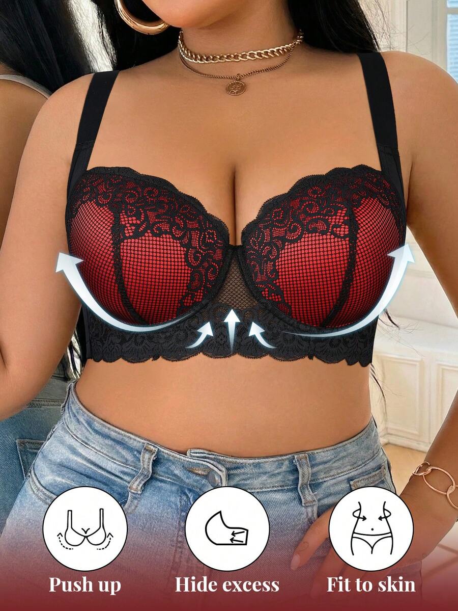 DesireSculpt 1pc Plus Size Lace Comfortable Seamless Supportive Underwire Bra - Red - View 1