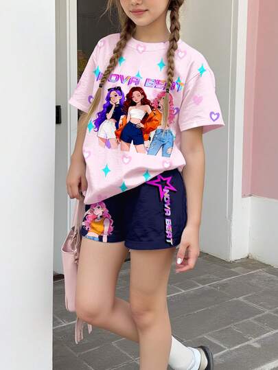 两件套少女休闲套装 - 亮粉色和藏蓝色动漫少女肖像印花短袖圆领T恤和短裤套装，适合春夏日常、居家、运动、上学、休闲放松等场合。