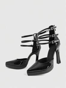 CUCCOO LuxiPop 女士尖头高跟防水厚底PU皮套脚鞋，时尚简约设计，舒适百搭，适合日常、派对和宴会穿着。 - 黑色 - 查看 5