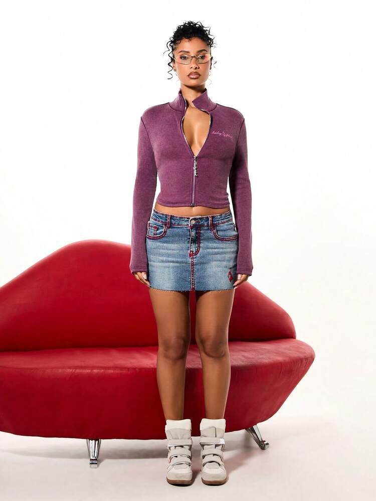 BABYPHAT Cardigan corto a collo alto con chiusura lampo, a costine, manica lunga, casual per autunno e inverno