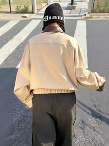 Muchica 女士撞色骑士图案翻领拉链休闲外套 - 卡其色 - 查看 2