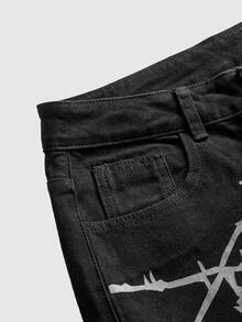 ROMWE Grunge Punk Quần jeans ống rộng in hình dây xích xương người phong cách retro đường phố punk dành cho nữ - màu đen - Xem 3