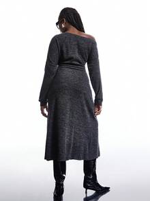 LYSMO 大码女式纯色不对称露肩褶皱长袖连衣裙，优雅服饰，新年礼服，精致派对礼服 - 深灰色 - 查看 2