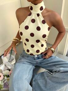 Muchica Women's Polka Dot Print Fashion Halter Backless Camisole For Going Out Outfits, Streetwear, Y2K Clothes, Pokadot Top - Yellow - View 5